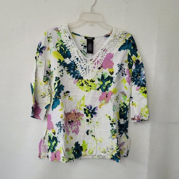 Premise Linen Top Womens L Boho Embroidered 3/4 Sleeve‎ V-Neck Slit Side Blouse - Picture 1 of 11